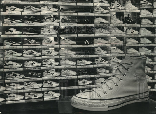 1992 Wall of athletic shoes, Athlete's Foot store, Milwaukee - Historic Images