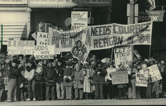 1984 Reagan supporters wait for Ronald Reagan in Dixon Illinois - Historic Images