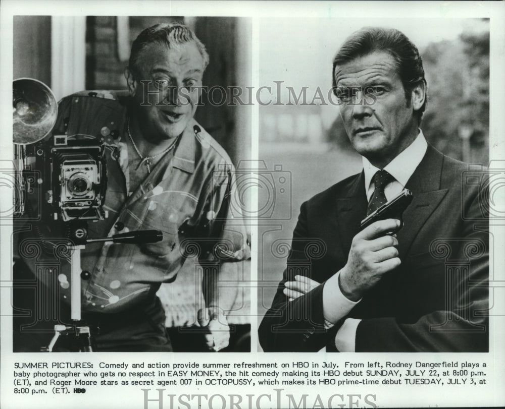 1987 Press Photo Actors Rodney Dangerfield & Roger Moore, HBO promotion - Historic Images