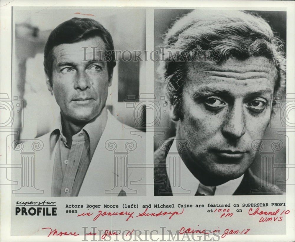 1981 Press Photo Actors Roger Moore &amp; Michael Caine on Superstar Profile - Historic Images