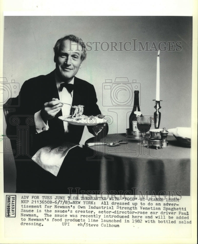 1983 Paul Newman, all dressed up for Newman&#39;s Own Spaghetti Sauce ad - Historic Images
