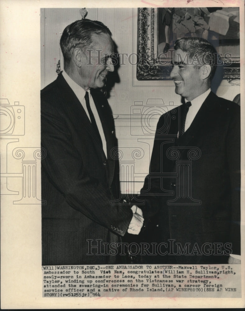 1964, Ambassador Max Taylor, Bill Sullivan shaking hands, Washington. - Historic Images
