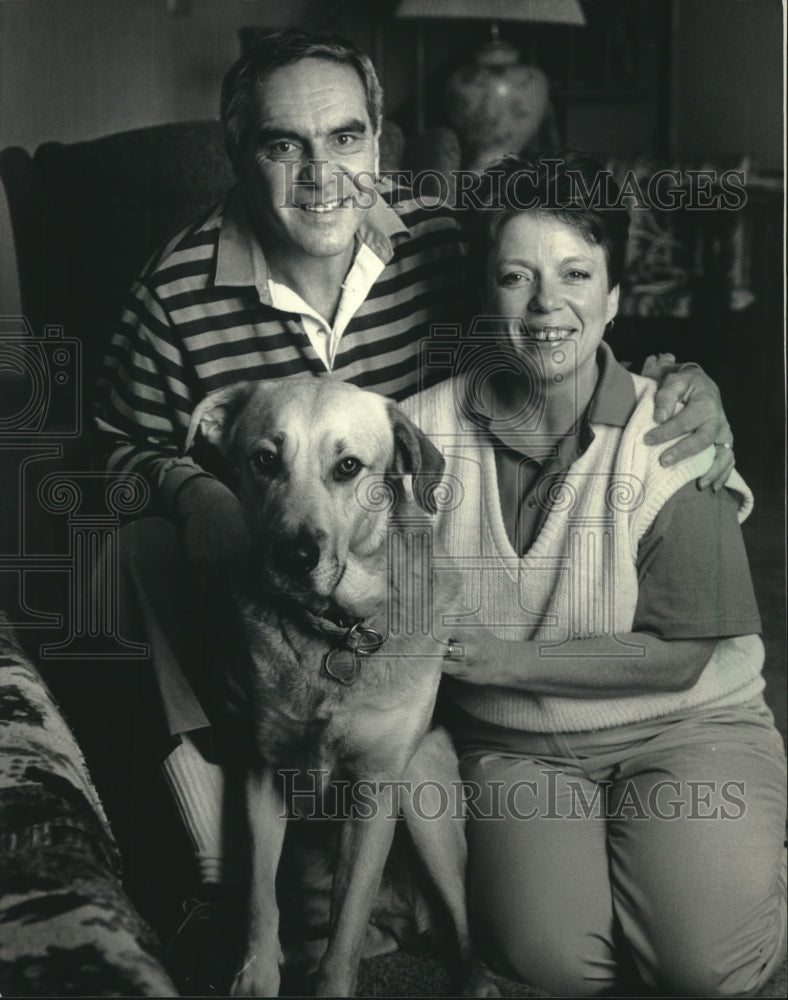 1986, Harold and Pamela Shackman with their dog, Barney - mjc24889 - Historic Images