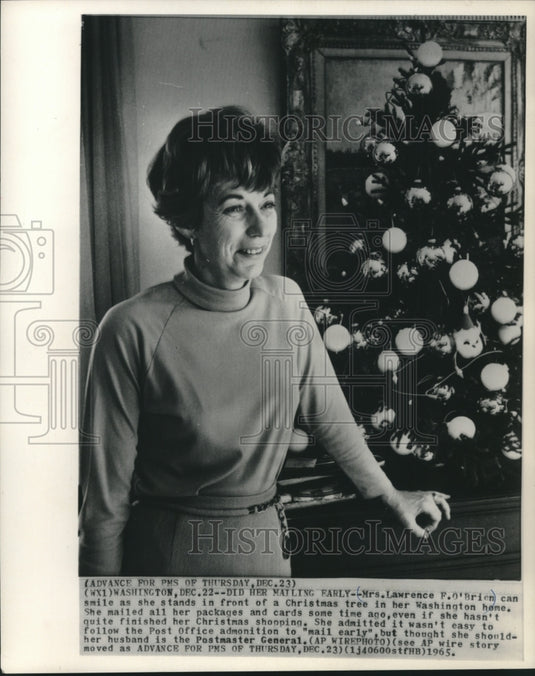 1965 Mrs. Lawrence F. O'Brien in front of christmas tree, Washington - Historic Images