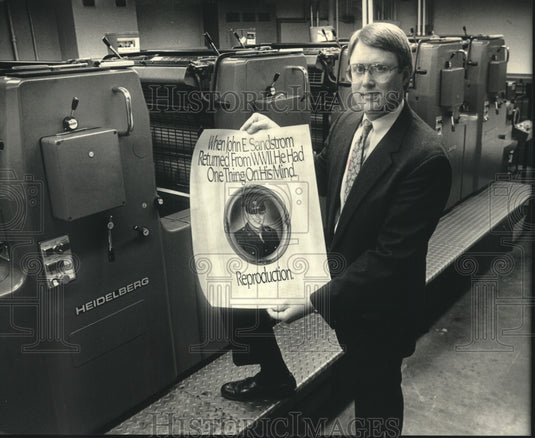 1987, HM Graphics President James Sandstrom Holds Poster, West Allis - Historic Images