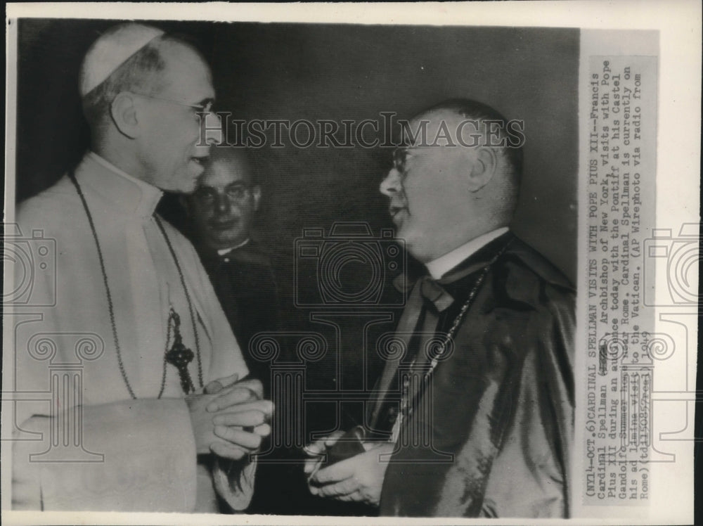 1949 Press Photo Cardinal Spellman visits with Pope Pius XII in Rome- Historic Images