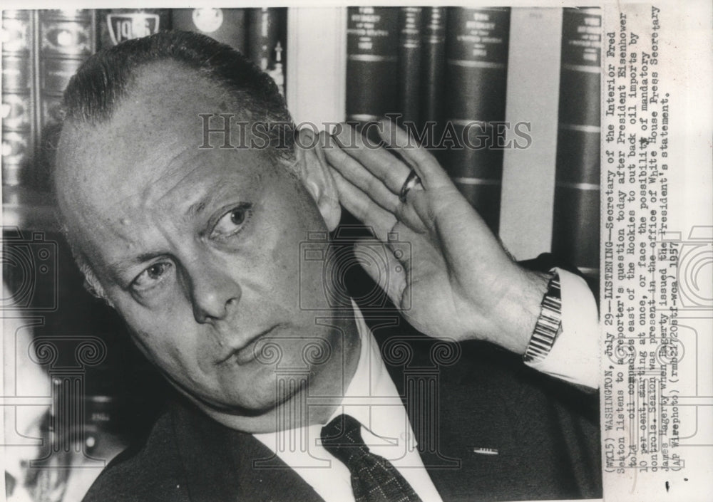 1957, Secretary of Interior Fred Seaton listens to James Hagerty - Historic Images