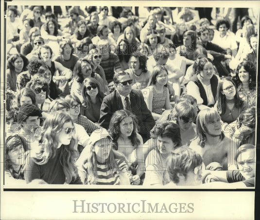 1978, State Treasurer & students listen to antiwar speech in Madison - Historic Images