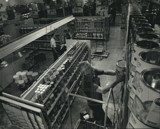 1993, Jerry Richter stacks cans at new Sears Hardware, Greenfield - Historic Images