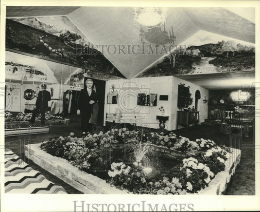 1981, Terry Schliem with fountain in living room, Woodford, Wisconsin - Historic Images