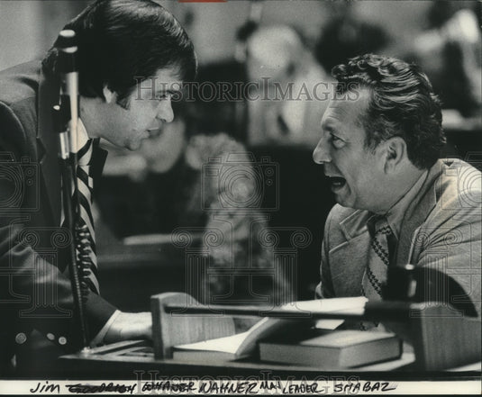 1979 House Leaders James Wahner & John Shabaz talk during session - Historic Images