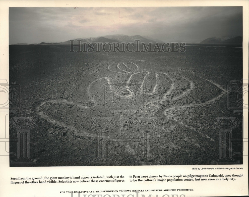 1991, Giant outline of a monkey hand drawn by the Nasca people, Peru - Historic Images