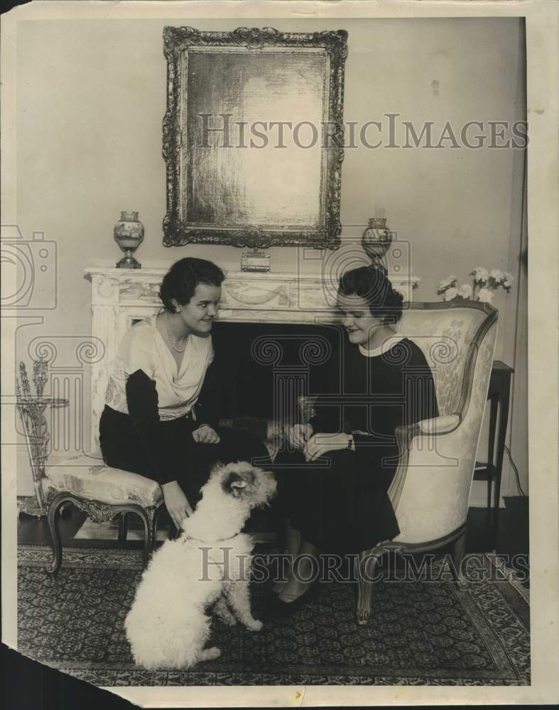1933, Jean and Milbray Tower sit with dog new fire place - mjc26564 - Historic Images