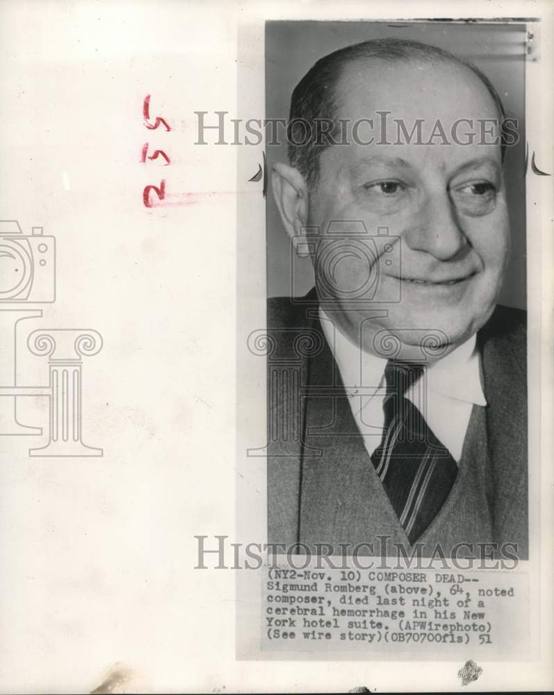 1951 Press Photo Composer Sigmund Romberg - mjc26826 - Historic Images