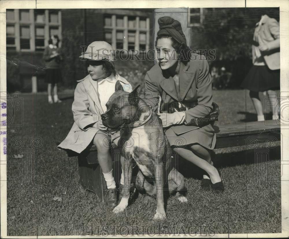 1942, Mrs. John F. Stratton &amp; her daughter Pamela with their pet dog - Historic Images