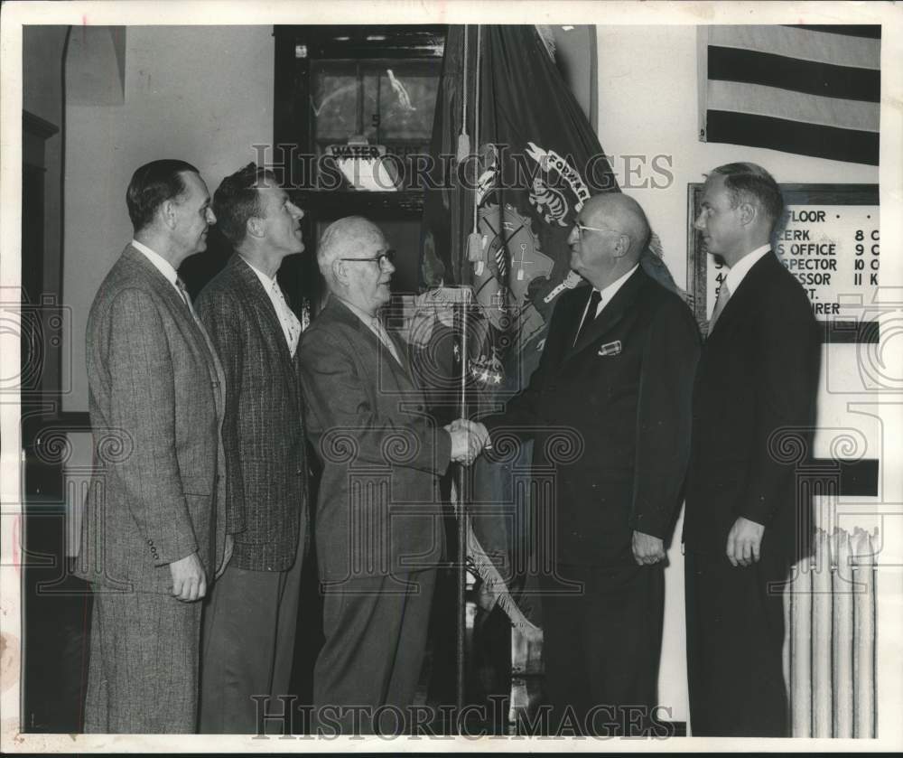 1958, State of Wisconsin flag presented to Rhinelander ceremony - Historic Images