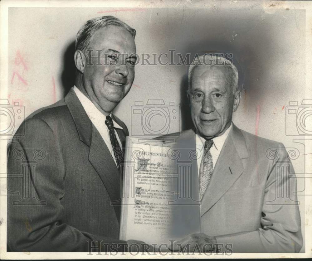 1954, Harold Seaman presented presidential award from Harold Dickens - Historic Images
