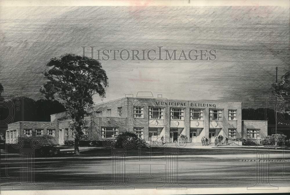 1953, Concept sketch of Municipal Building in Sheboygan Falls - Historic Images