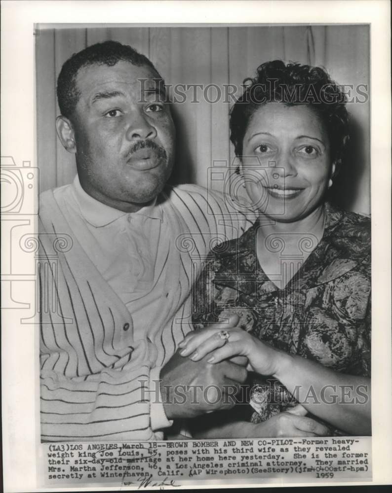 1959 Press Photo Joe Louis with his new wife Martha, Los Angelees - mjc27444-Historic Images
