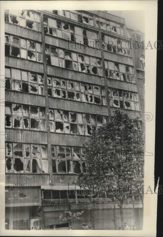 1956, Building in Budapest, Hungary with broken windows during revolt - Historic Images