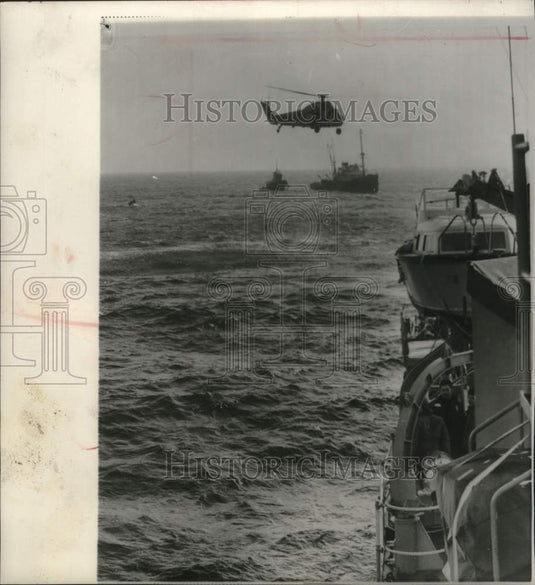 1961, Helicopter & ships searching for sunken radar tower - mjc27740 - Historic Images