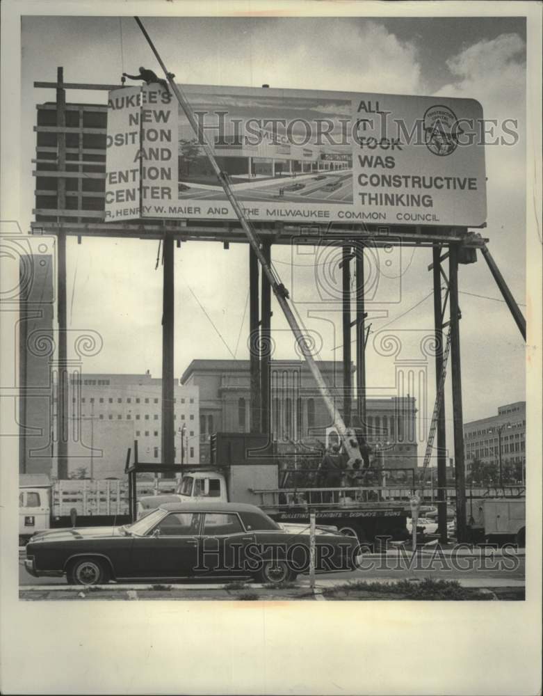 1971, Workmen on Billboard in Milwaukee, Wiscosin - mjc27784 - Historic Images