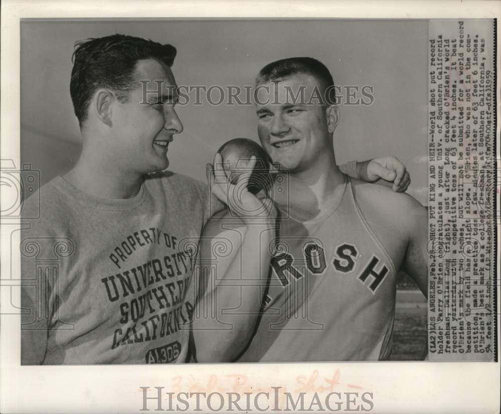 1959 Press Photo Dallas Long beats Parry O'Brien's shot put record Los Angeles - Historic Images
