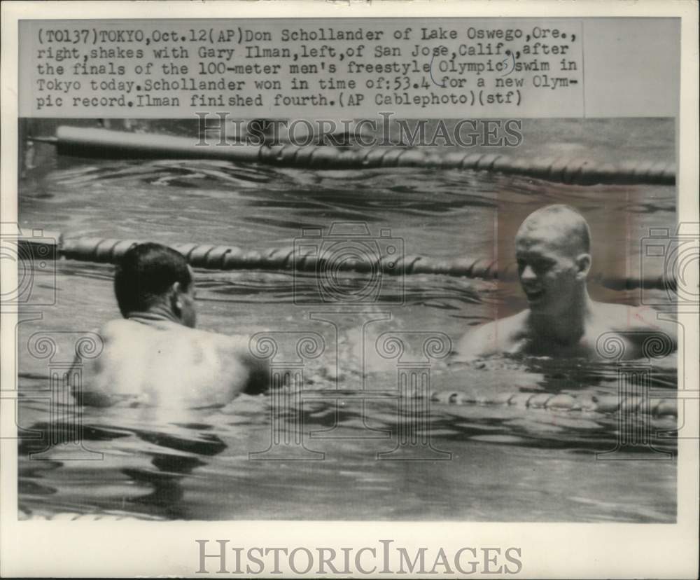 1964 Press Photo Don Schollander &amp; Gary Ilman in Olympic 100-meter swim, Japan- Historic Images