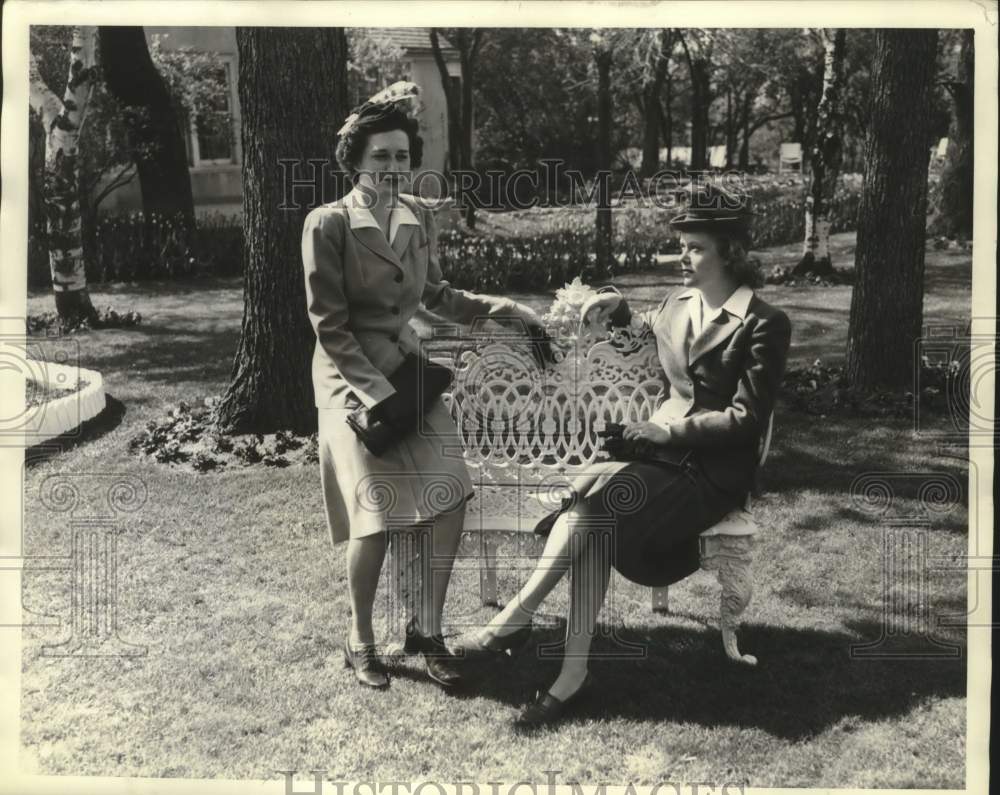 1943, Mrs. John P. Boynton and Mrs. Henry W. Stark Jr on garden tour - Historic Images