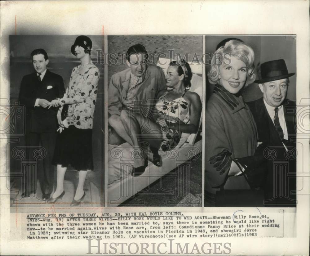 1963 Press Photo Billy Rose with each of his three wives - mjc28273 - Historic Images