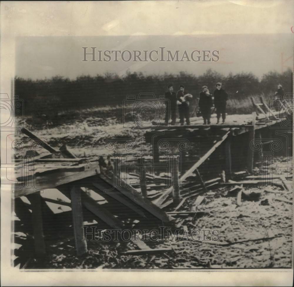 1956, Hungarians view wreckage of the &quot;freedom bridge&quot;, Hungary - Historic Images