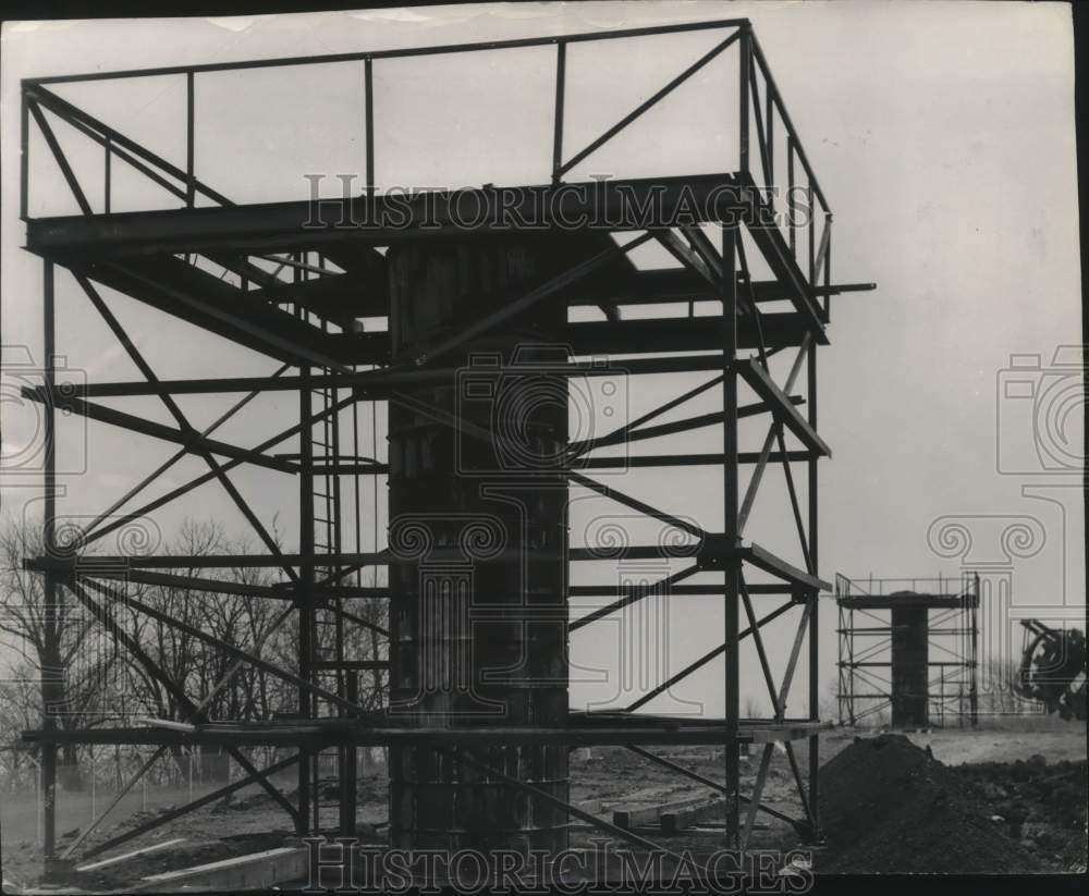 1955, Radar antennas being built north of Grant Park, Milwaukee - Historic Images