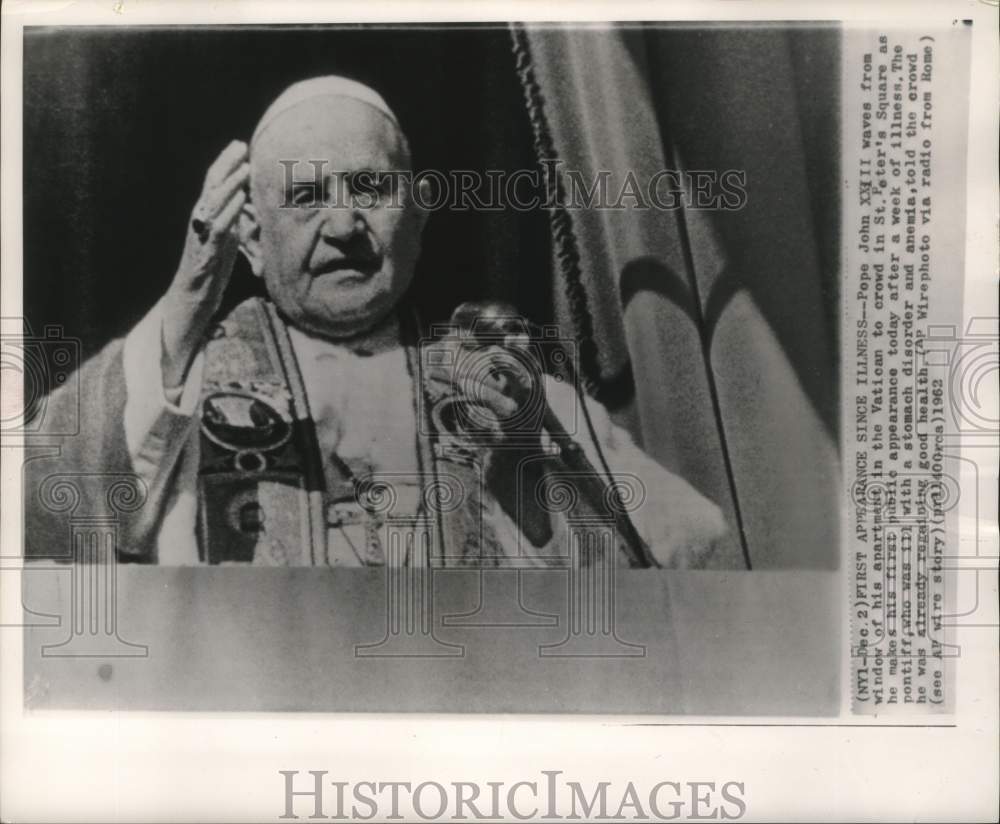 1962, Pope John XXIII waves from his Vatican apartment - mjc28635 - Historic Images