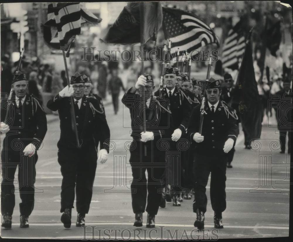 1971, American Legion drill team in Veterans Day parade, Wisconsin - Historic Images