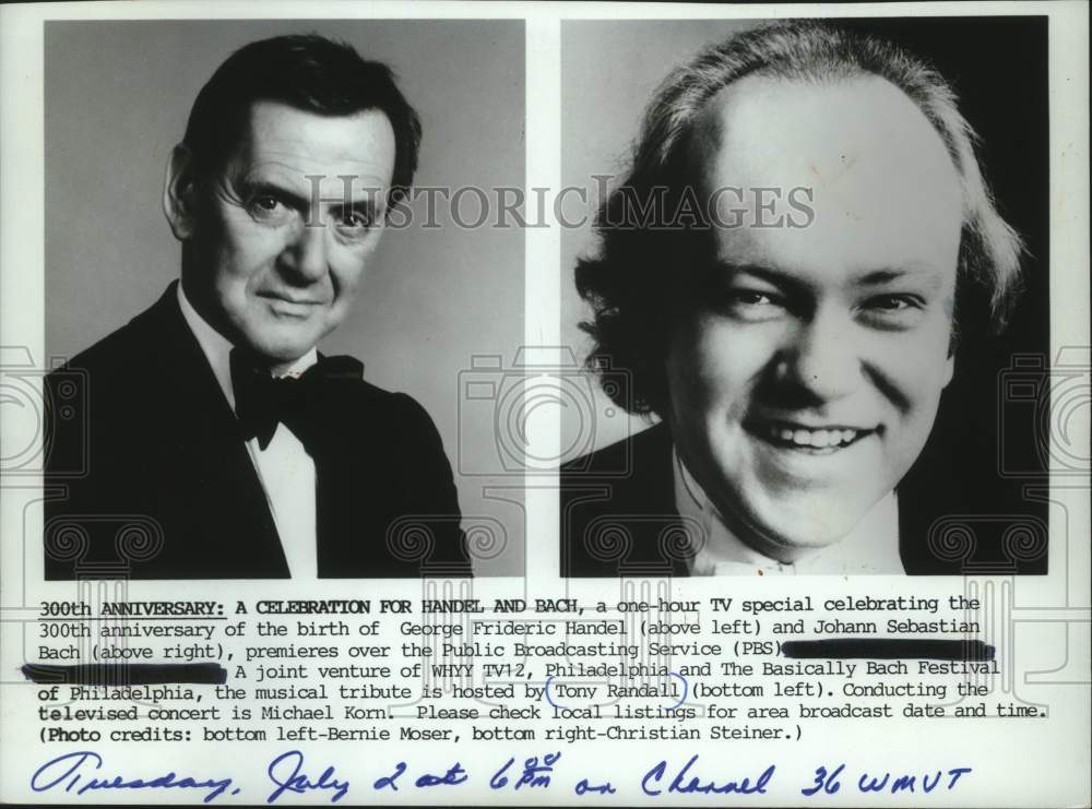 1990 Press Photo Tony Randall and Michael Kom celebrate Handel and Back - Historic Images