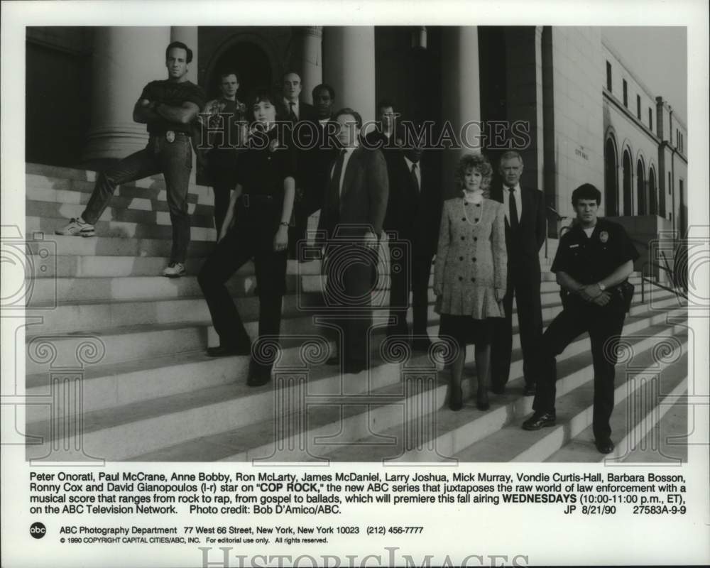 1990 Press Photo Peter Onorati, Anne Bobby &amp; other cast members of &quot;Cop Rock&quot; - Historic Images