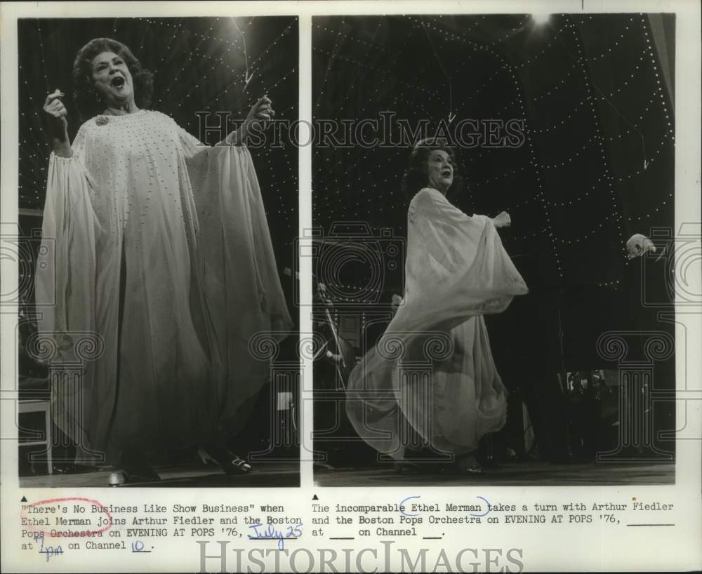 1976 Press Photo Broadway Star Ethel Merman Performing on &quot;Evening at Pops &#39;76&quot; - Historic Images