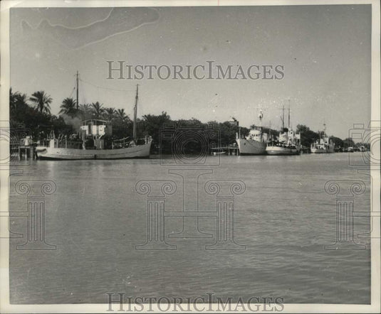 1951, Iranian gunboats anchored in the Karun River, Abadan, Iran - Historic Images
