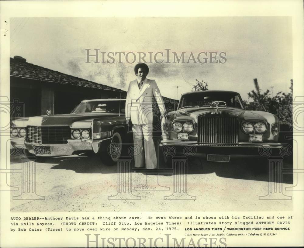 1975 Press Photo Anthony Davis with his Cadillac and his Rolls Royce - mjc29207 - Historic Images