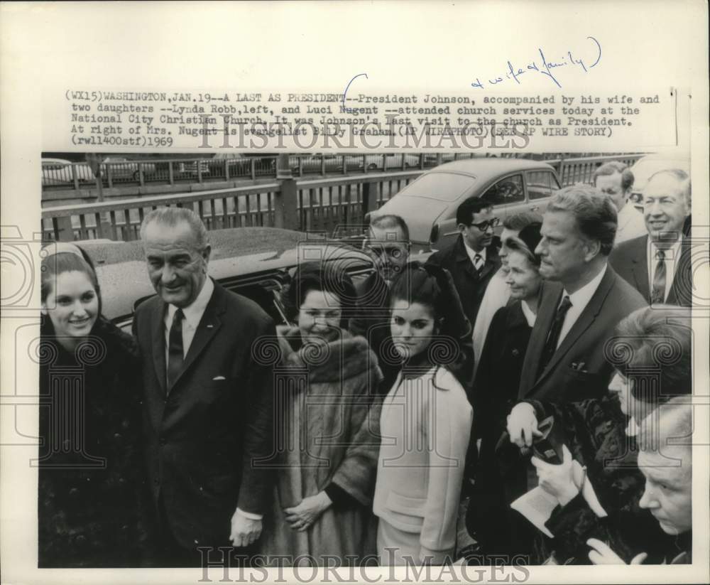 1969, President Johnson &amp; family arriving at church, Washington - Historic Images