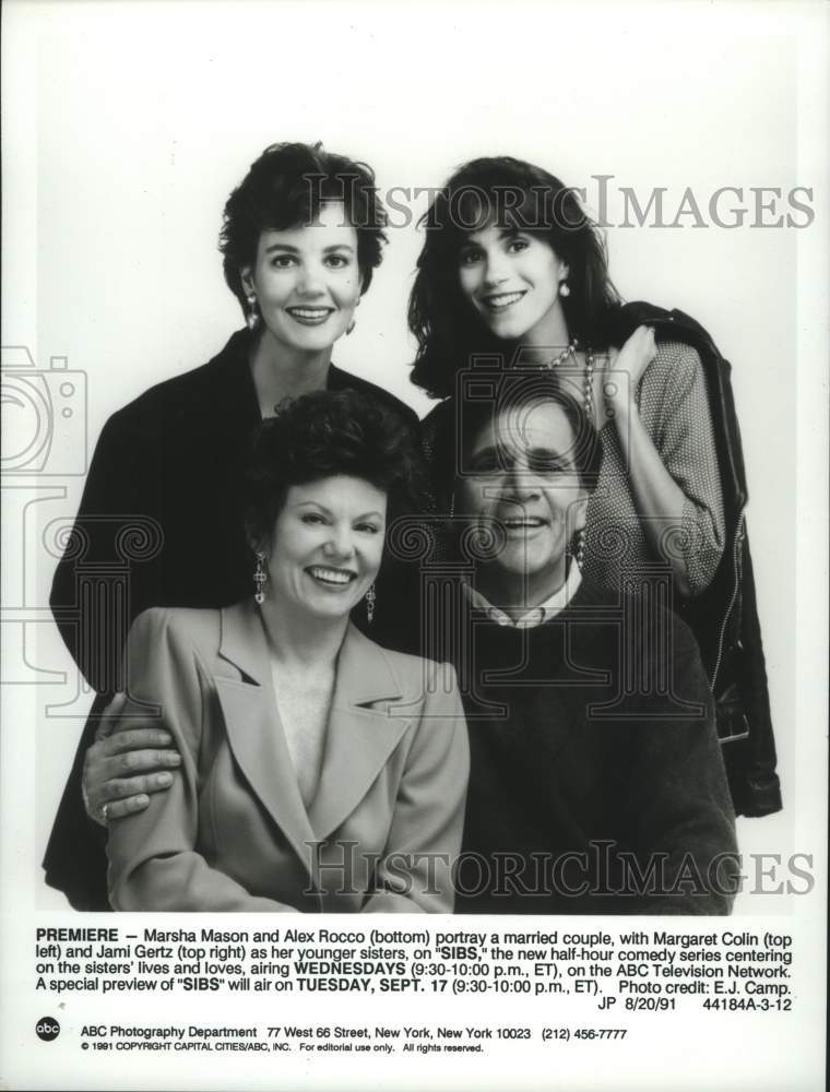 1991 Press Photo Marsha Mason, Alex Rocco, Margaret Colin & Jami Gertz on "Sibs" - Historic Images