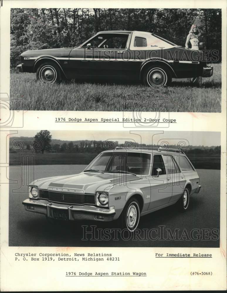 1975 Press Photo 1976 Dodge Aspen 2-door coupe and Dodge Aspen Station Wagon - Historic Images