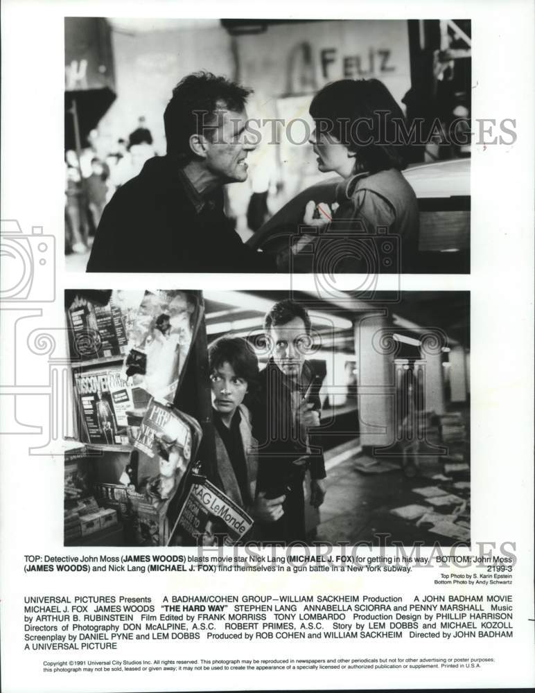 1991 Press Photo James Woods and Michael J. Fox in &quot;The Hard Way&quot; - mjc29906 - Historic Images