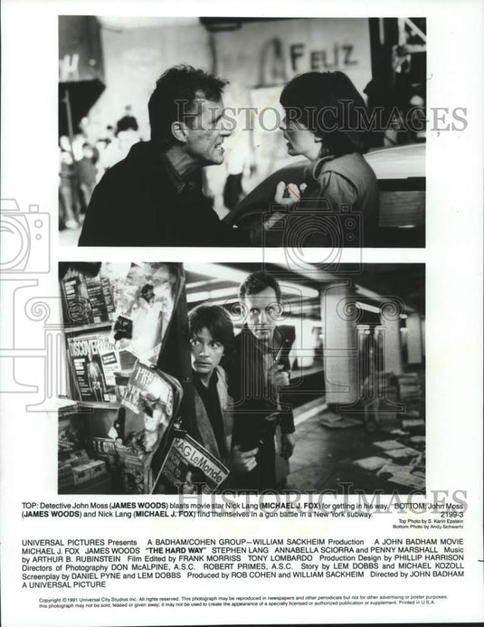 1991 Press Photo James Woods and Michael J. Fox in "The Hard Way" - mjc29906 - Historic Images
