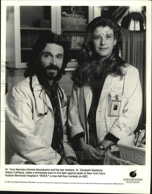 1991 Press Photo Dennis Boutsikaris and Alison LaPlaca star in "STAT" - Historic Images