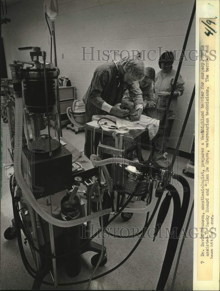 1983 Press Photo Dr. David Brunson & others prepared a dog for surgery, Madison - Historic Images