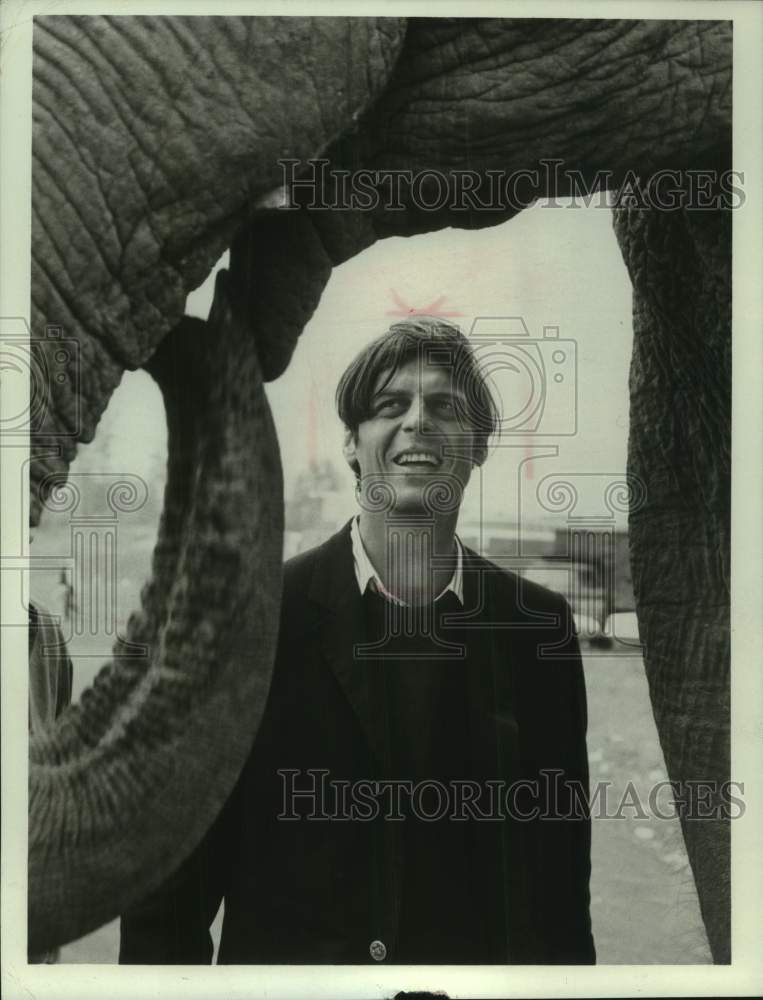 1971 Press Photo Actor George Plimpton stands under elephant&#39;s head - mjc30476- Historic Images