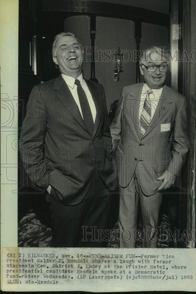 1983 Press Photo Candidate Walter Mondale laughs with Governor Patrick Lucey - Historic Images