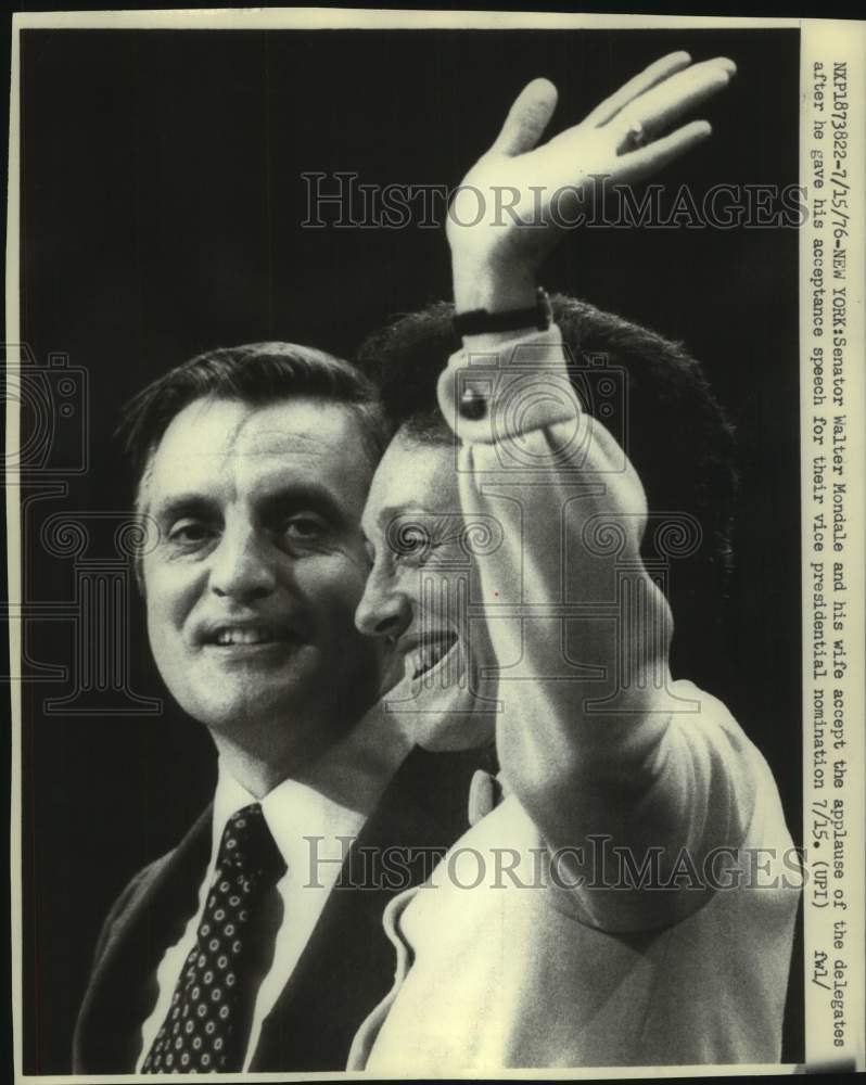 1976 Press Photo Senator Walter Mondale &amp; wife after nomination speech, New York - Historic Images