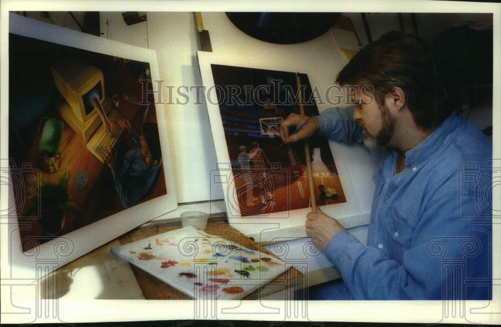 1994 Press Photo Commercial Artist Tim Spransy finishes a painting in Dousman - Historic Images